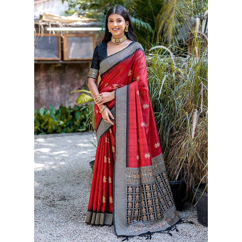 Red Tussar Silk Saree With Blouse Piece - JD986613345