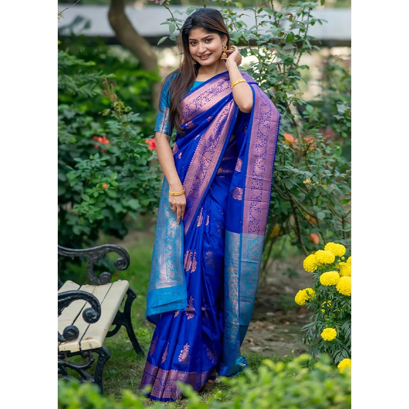 Royal Blue Banarasi Silk Saree With Blouse Piece - JD986613344