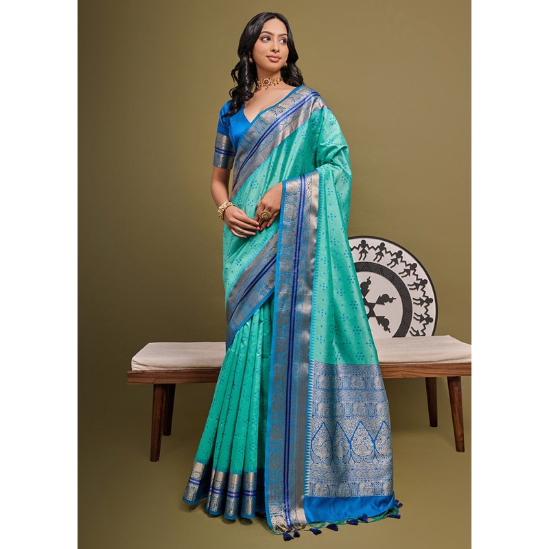 Sea Green Dupion Silk Saree With Blouse Piece - JD986613342