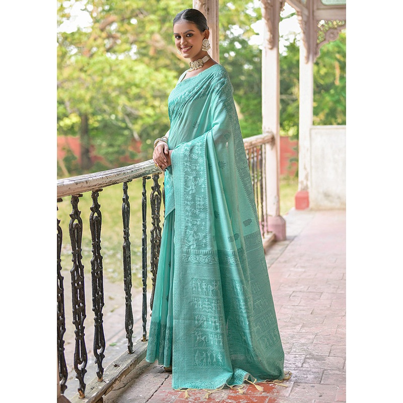 Sea Green Dupion Silk Saree With Blouse Piece - JD986613413