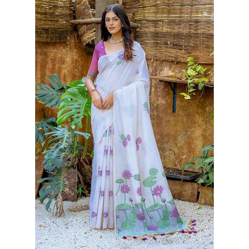 White Cotton Saree With Blouse Piece - JD986613339