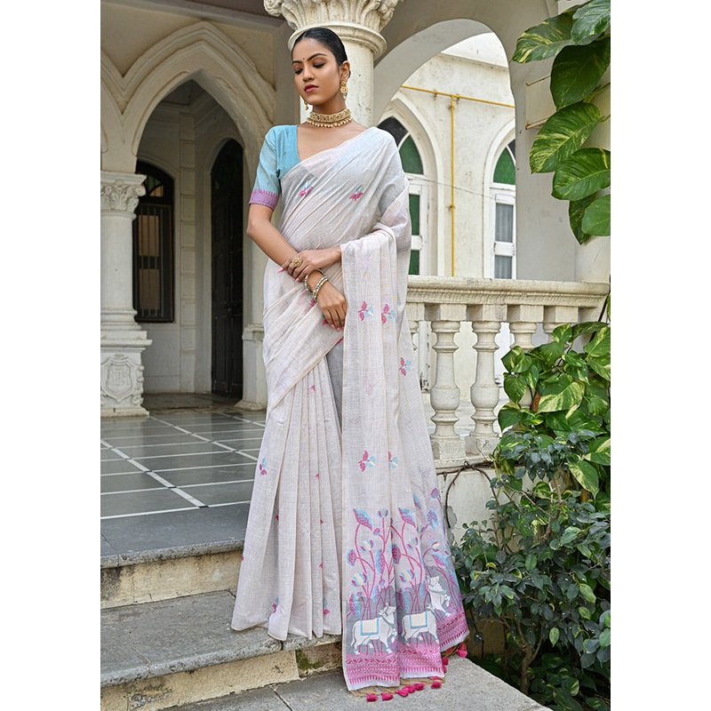 White Cotton Saree With Blouse Piece - JD986613355