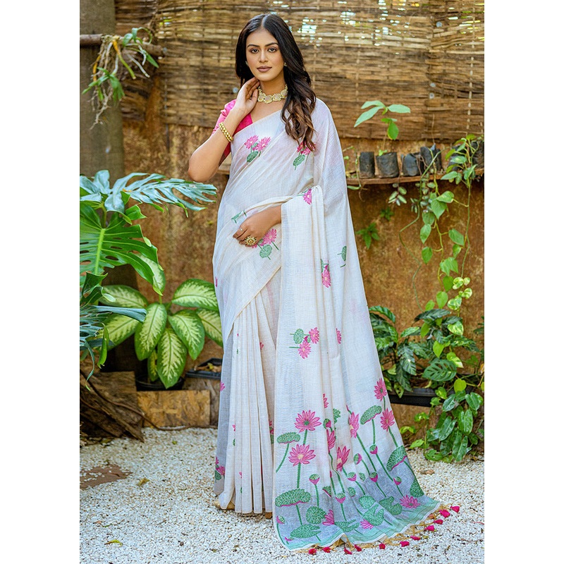 White Cotton Saree With Blouse Piece - JD986613356