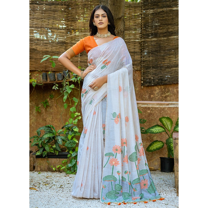 White Cotton Saree With Blouse Piece - JD986613361