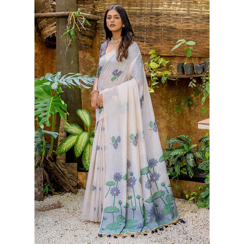 White Cotton Saree With Blouse Piece - JD986613364