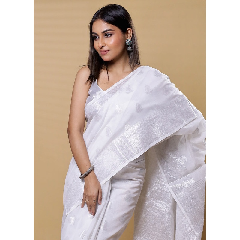 White Cotton Saree With Blouse Piece - JD986613486