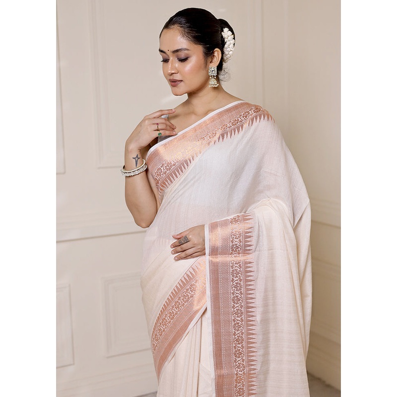White Dupion Silk Saree With Blouse Piece - JD986613301