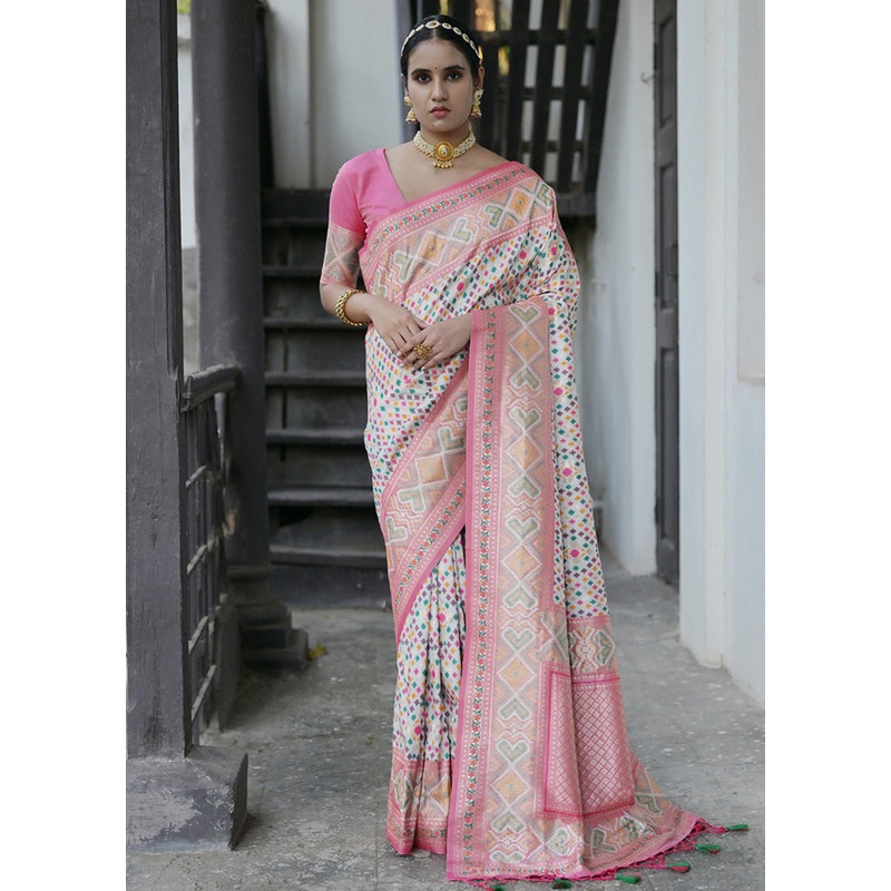 White Dupion Silk Saree With Blouse Piece - JD986613412