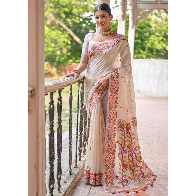 White Pure Cotton Saree With Blouse Piece - JD986613335