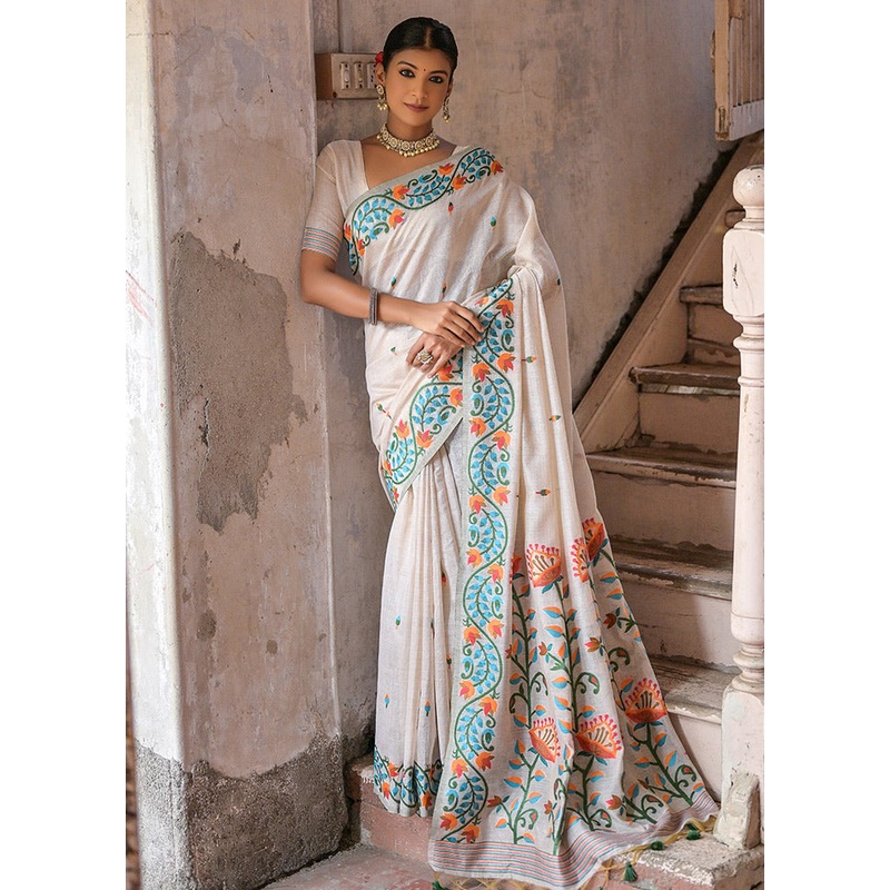 White Pure Cotton Saree With Blouse Piece - JD986613378