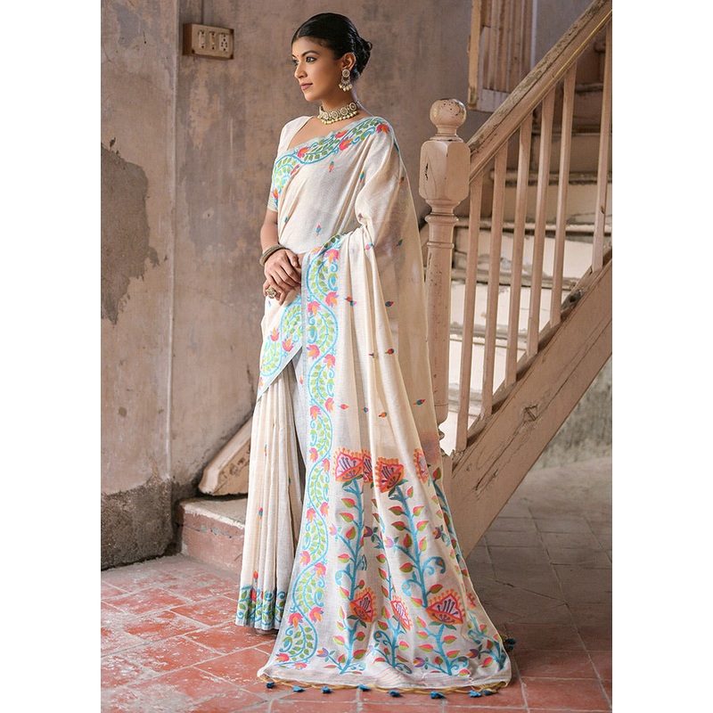 White Pure Cotton Saree With Blouse Piece - JD986613383