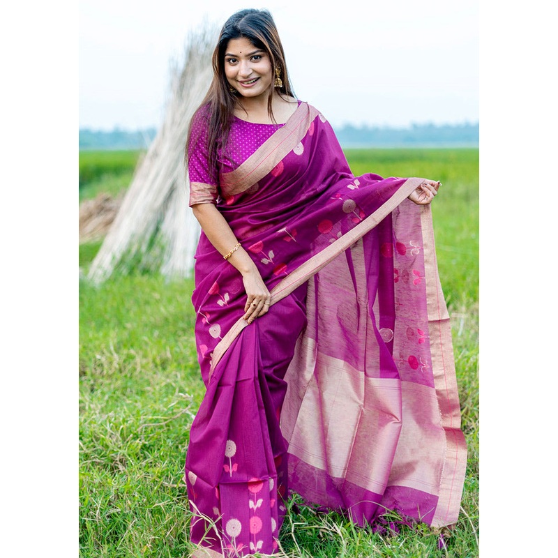 Wine Cotton Saree With Blouse Piece - JD986613337