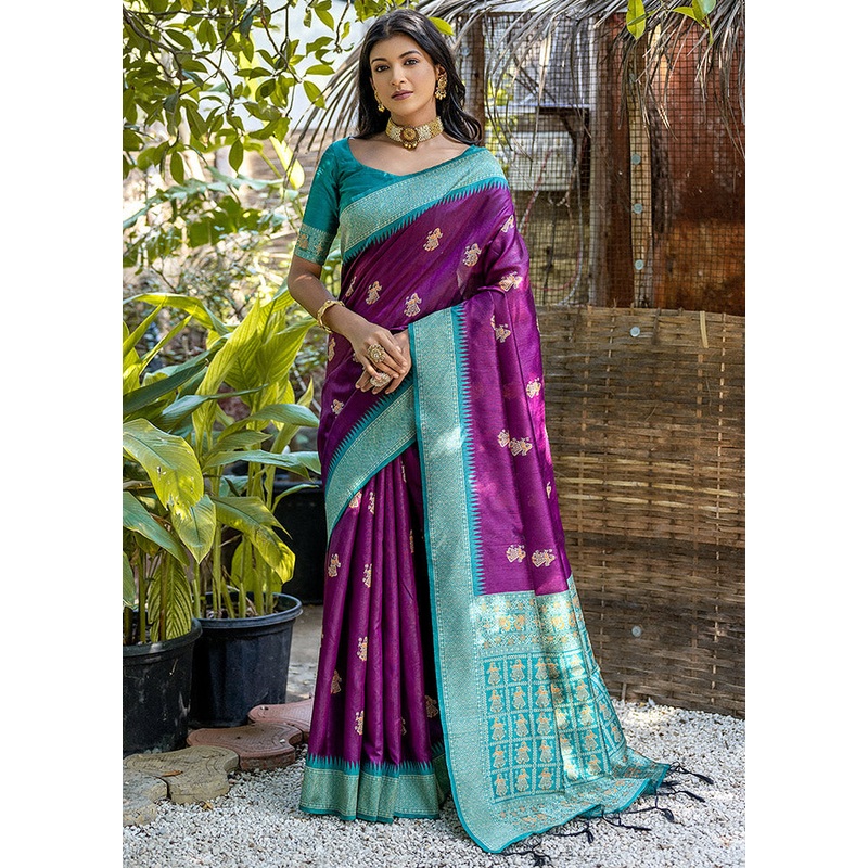 Wine Tussar Silk Saree With Blouse Piece - JD986613334
