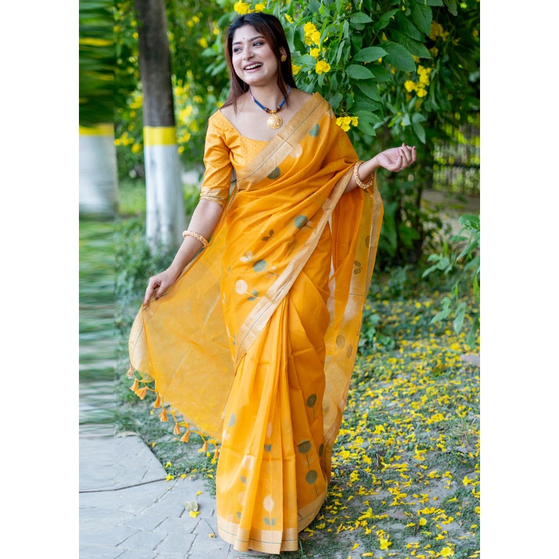 Yellow Cotton Saree With Blouse Piece - JD986613332