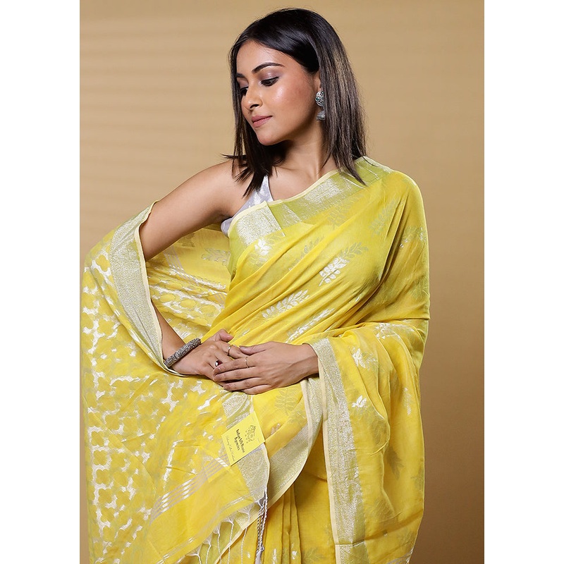 Yellow Cotton Saree With Blouse Piece - JD986613481