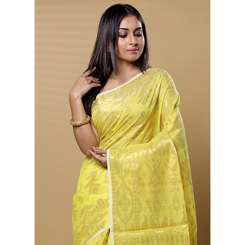 Yellow Cotton Saree With Blouse Piece - JD986613483
