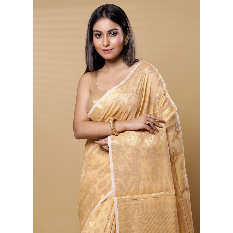 Yellow Cotton Saree With Blouse Piece - JD986613484