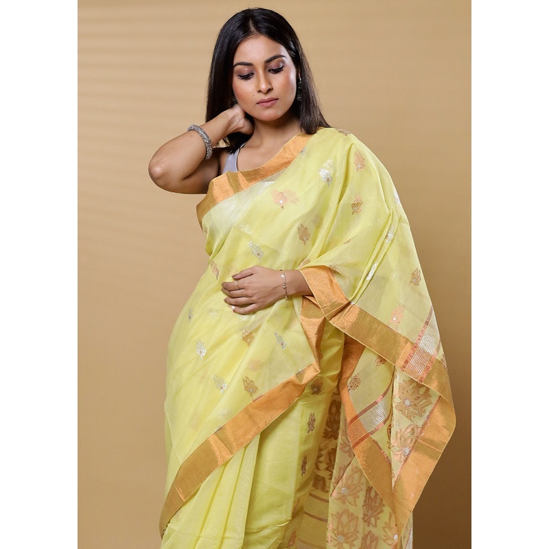 Yellow Cotton Saree With Blouse Piece - JD986613485