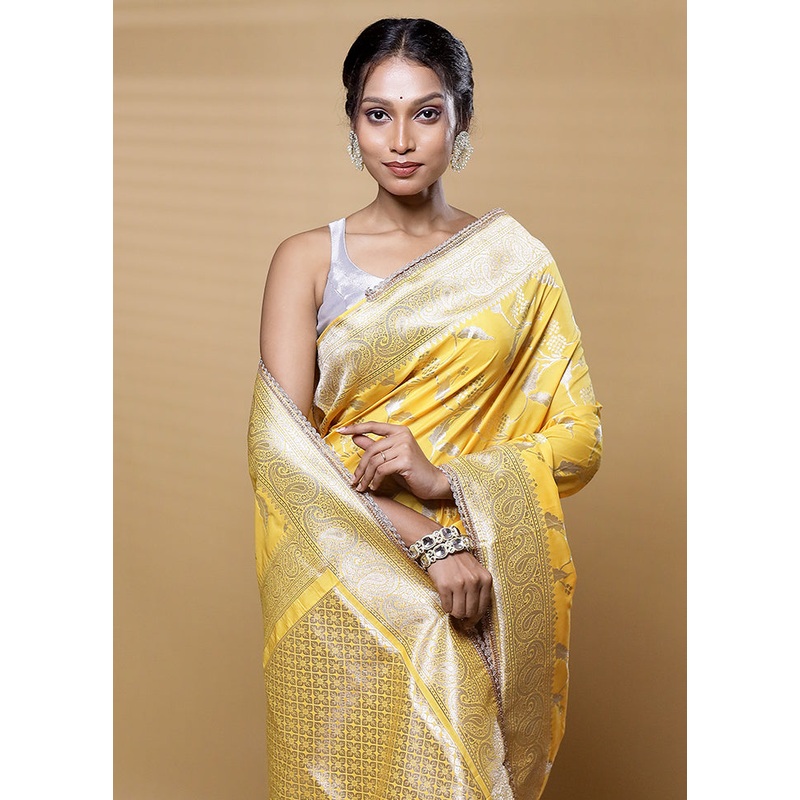 Yellow Dupion Silk Saree With Blouse Piece - JD986613290
