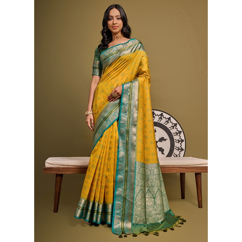 Yellow Dupion Silk Saree With Blouse Piece - JD986613330