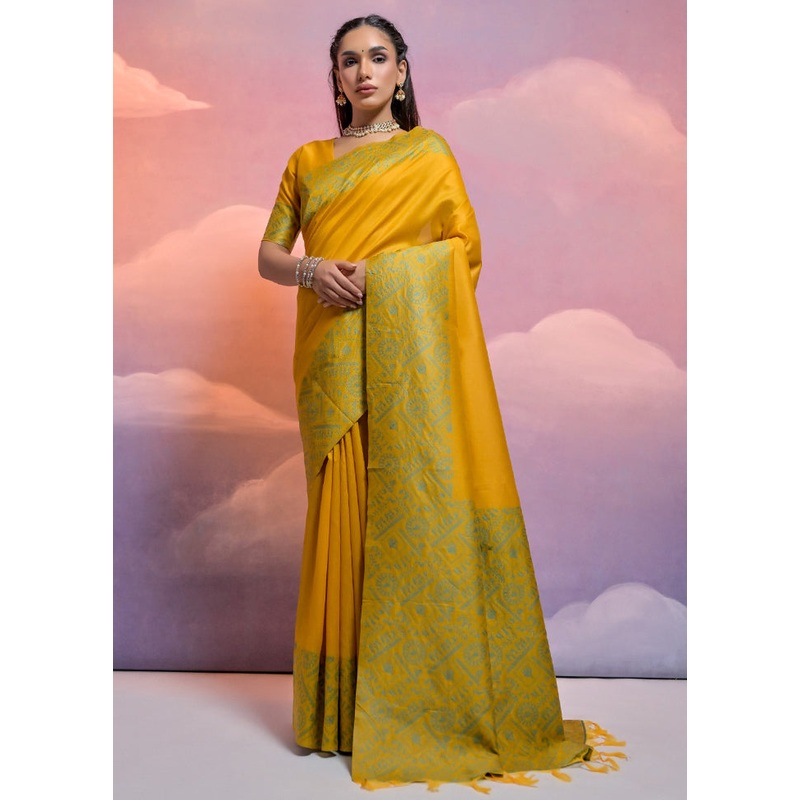 Yellow Dupion Silk Saree With Blouse Piece - JD986613331