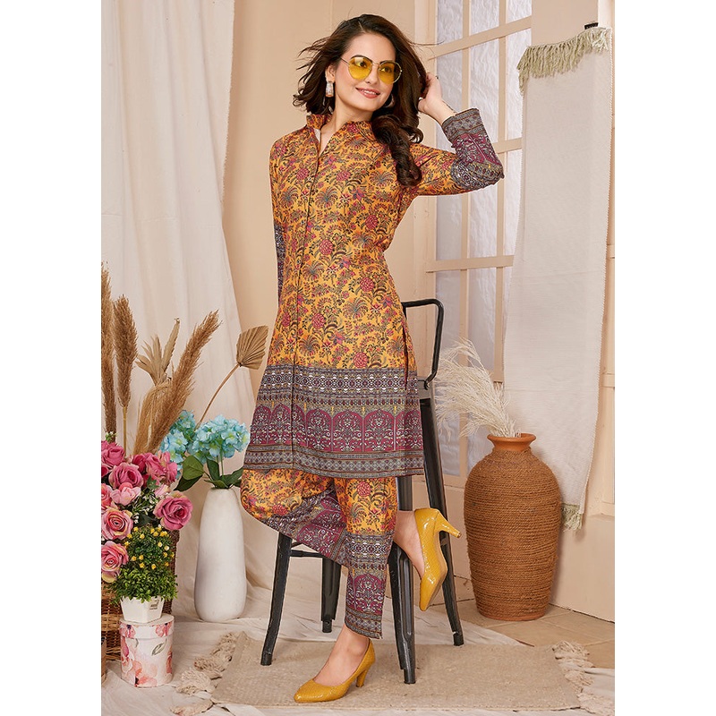 2 Pc Mustard Readymade Rayon Kurti Set - JD986613251