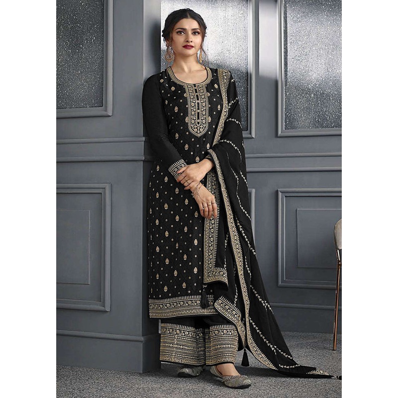 3 Pc Black Semi Stitched Silk Suit Set - JD986613263