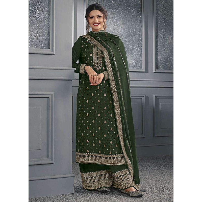 3 Pc Green Semi Stitched Silk Suit Set - JD986613262