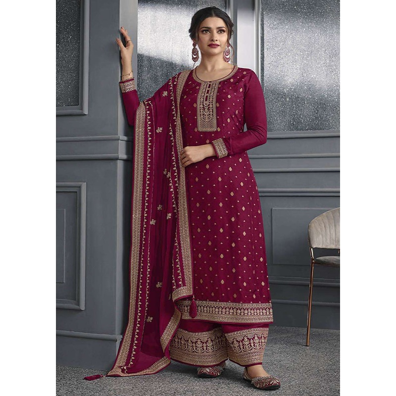 3 Pc Wine Semi Stitched Silk Suit Set - JD986613257