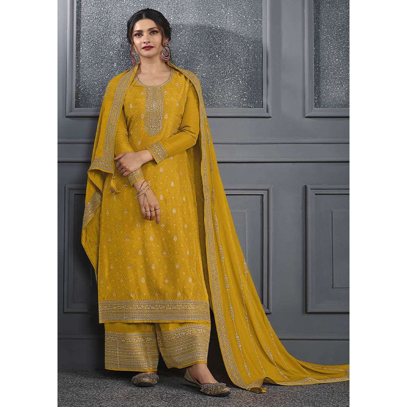 3 Pc Yellow Semi Stitched Silk Suit Set - JD986613256