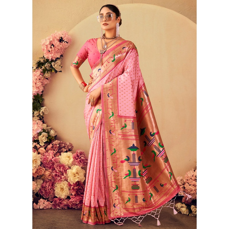 Baby Pink Dupion Silk Saree With Blouse Piece - JD986613137
