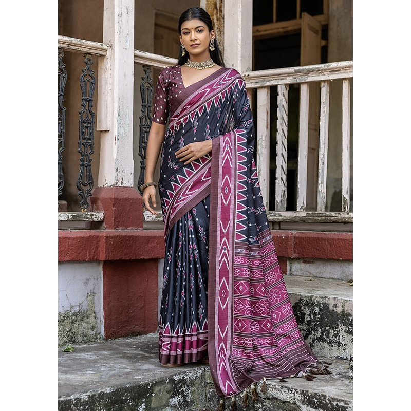 Black Cotton Saree With Blouse Piece - JD986613133