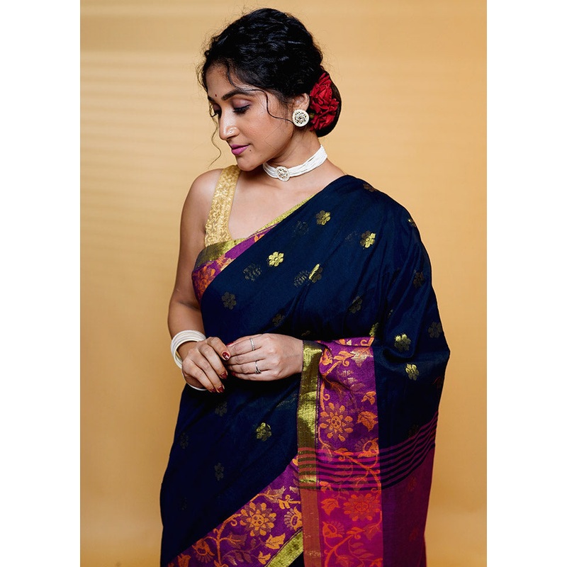 Black Cotton Saree With Blouse Piece - JD986613250