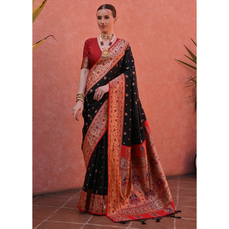 Black Dupion Silk Saree With Blouse Piece - JD986613132