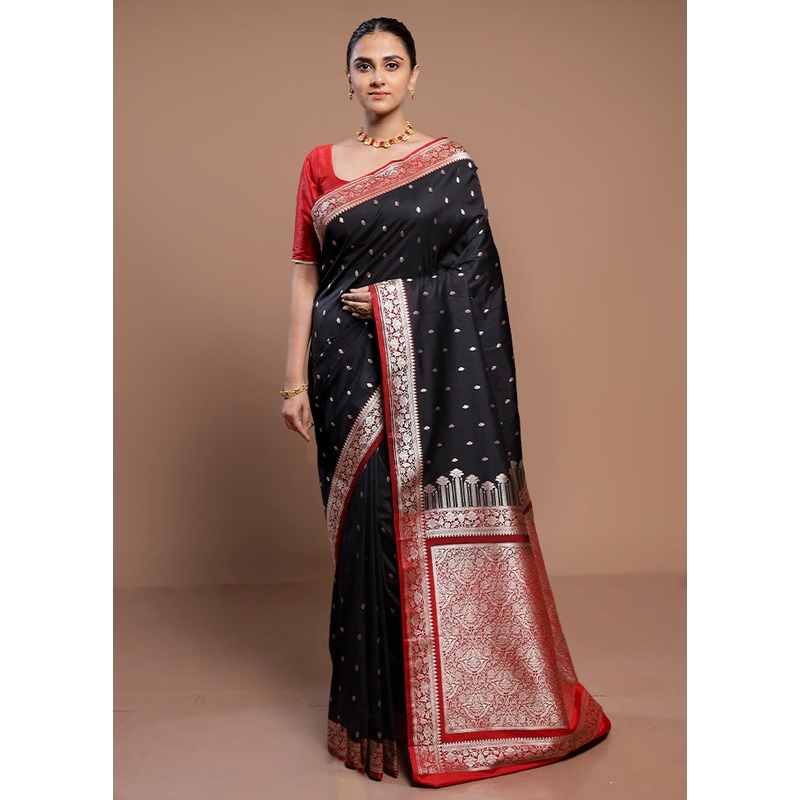 Black Katan Silk Saree With Blouse Piece - JD986613110