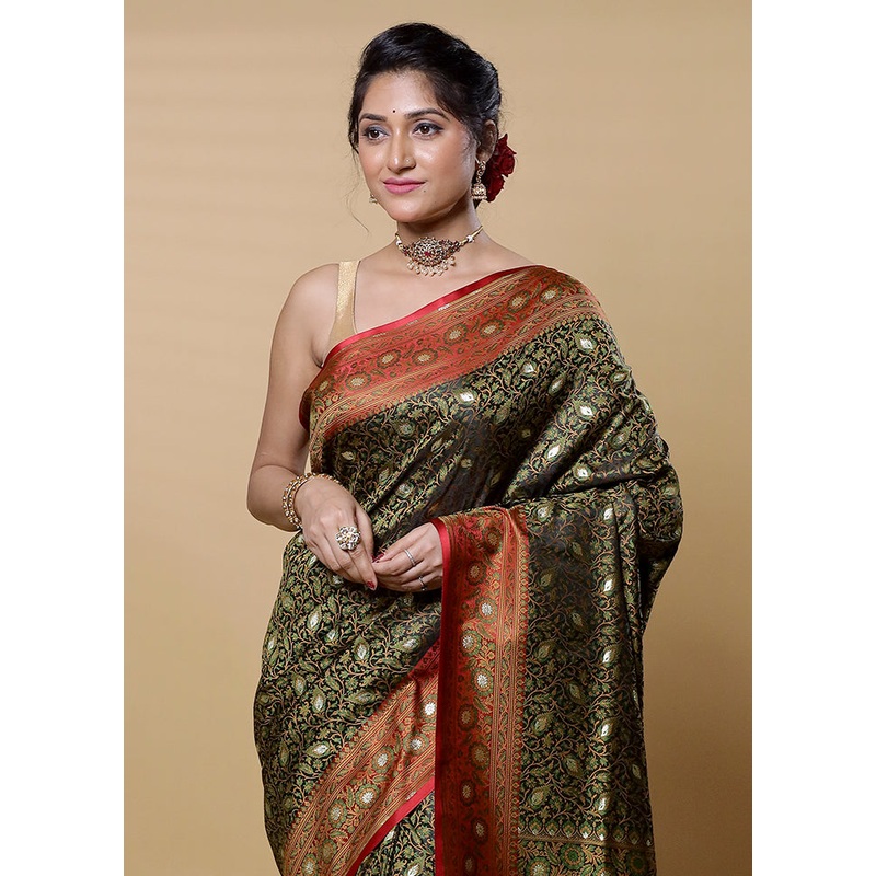 Black Tanchoi Silk Saree With Blouse Piece - JD986613249