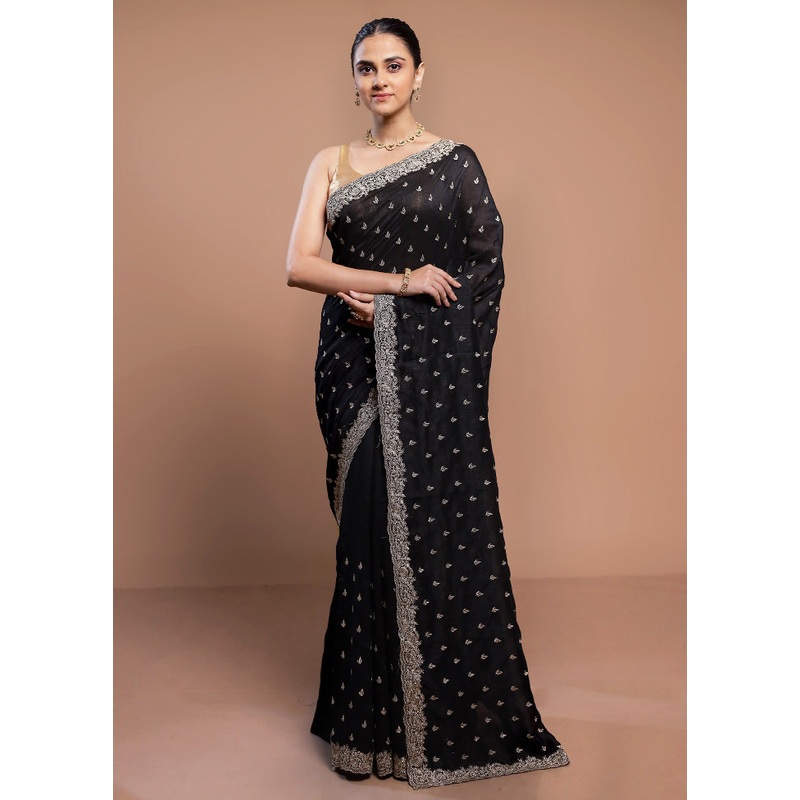 Black Tussar Silk Saree With Blouse Piece - JD986613109