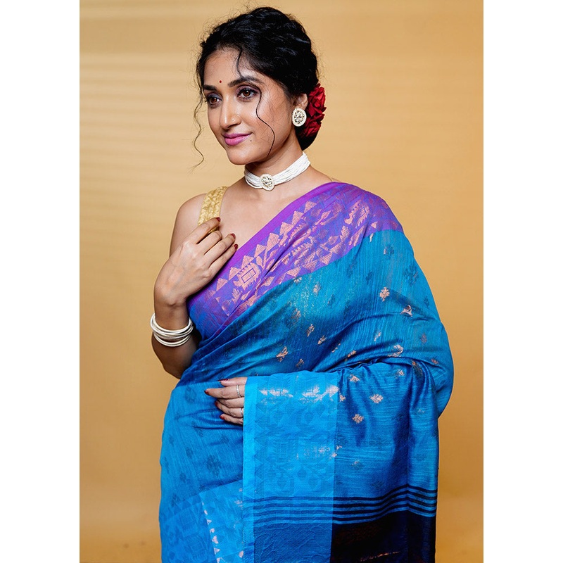 Blue Cotton Saree With Blouse Piece - JD986613240