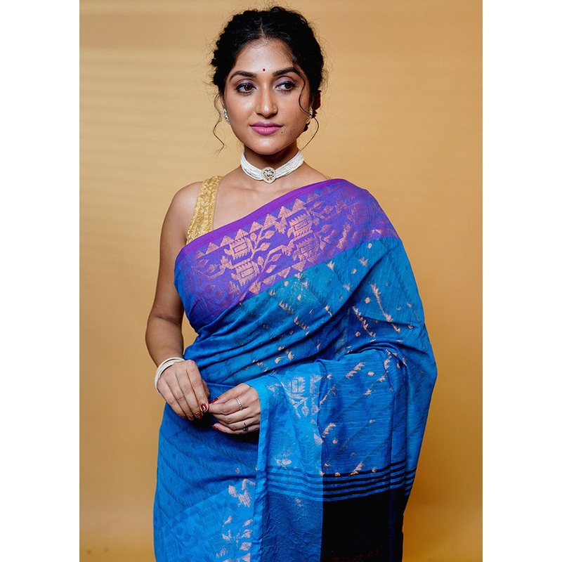 Blue Cotton Saree With Blouse Piece - JD986613243