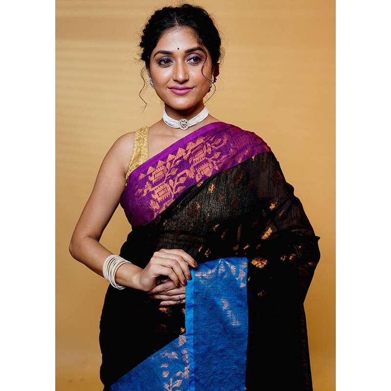 Blue Cotton Saree With Blouse Piece - JD986613244