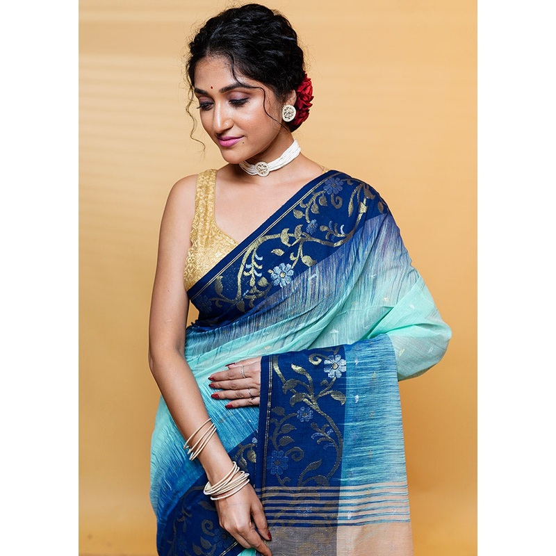 Blue Cotton Saree With Blouse Piece - JD986613245