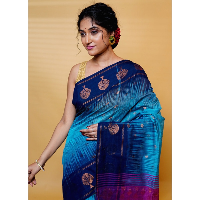 Blue Cotton Saree With Blouse Piece - JD986613247