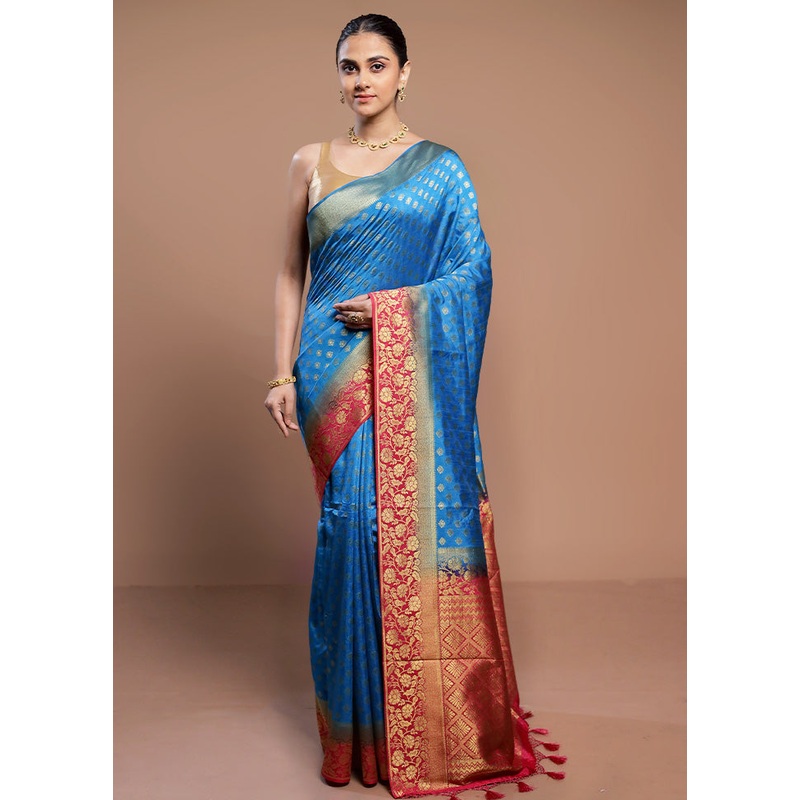Blue Dupion Silk Saree With Blouse Piece - JD986613107