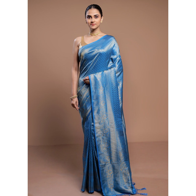 Blue Dupion Silk Saree With Blouse Piece - JD986613108