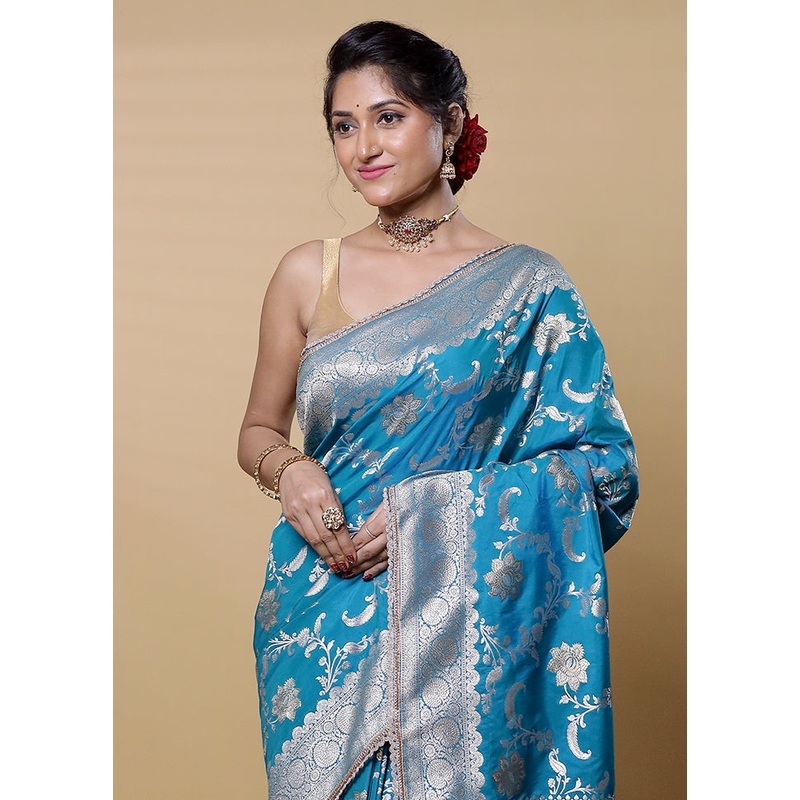 Blue Dupion Silk Saree With Blouse Piece - JD986613225
