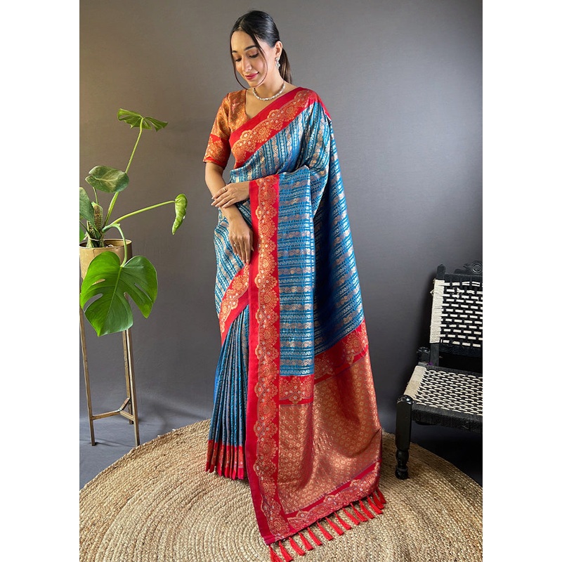 Blue Dupion Silk Saree With Blouse Piece - JD986613287