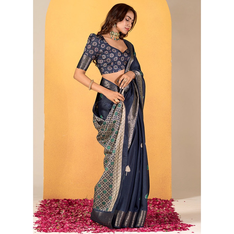 Blue Dupion Silk Saree With Blouse Piece - JD986613288