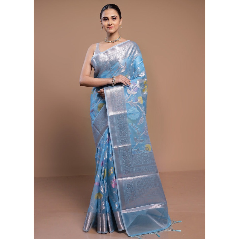 Blue Organza Saree With Blouse Piece - JD986613100