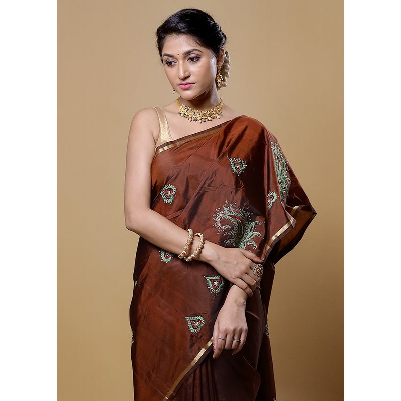 Brown Kanjivaram Silk Saree With Blouse Piece - JD986613147