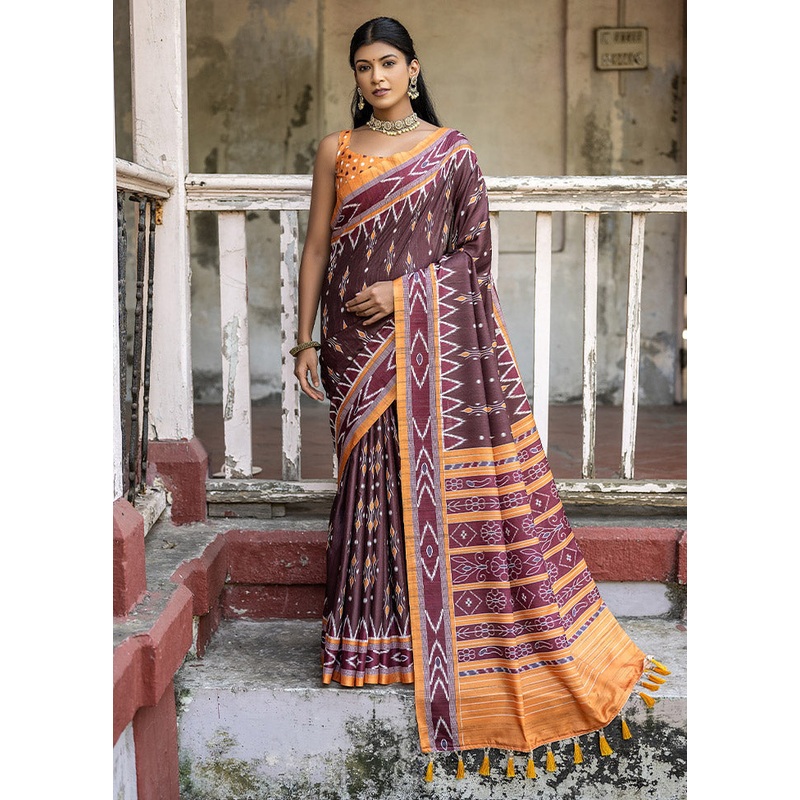 Coffee Cotton Saree With Blouse Piece - JD986613131